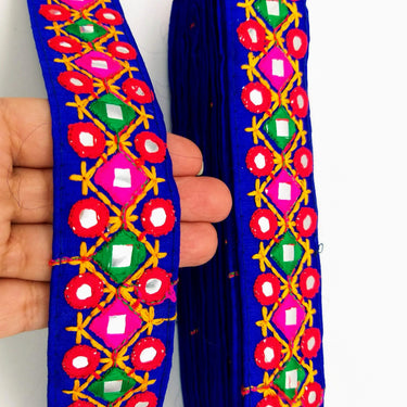 Blue Multicoloured Indian Mirror Trim Kutch Embroidered Navratri Garba Dress Trim Bridal Lace, Indian Sari Border 34 mm Wide Trim Per Yard
